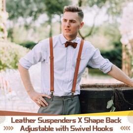 Silicherry 2 Pcs Mens Suspenders Brown Leather Suspenders Adjustable X Back Suspenders with Swivel Hooks for Jeans Wedding party Groomsmen