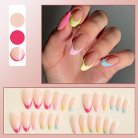 Viugex 24Pcs False Nails Almond, Rainbow French Tip Press on Nails Medium Length, Reusable Natural Soft Gel Fake Nail Set with Glue Stickers, Acrylic Stick on Nails for Women Girls Nail Art,12 Sizes
