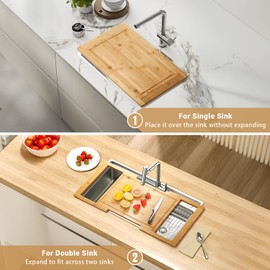 Bamboo Expandable Over The Sink Cutting Board with Juice Groove for kitchen, Wooden Kitchen Sink Cover Chooping Board for Counter Space