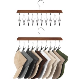 StorageWorks Hat Rack, Closet Organizer and Storage for Baseball Caps,Set of 2 with 10 Adjustable Stainless Steel Clips, Fits All Caps, Natural Walnut Color