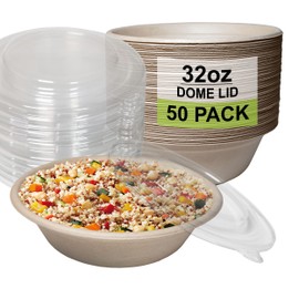 [50 Pack] 32 oz Round Disposable Compostable Paper Bowls with Dome Lids Heavy-Duty, Eco-Friendly Natural Bagasse Unbleached, Heat Resistant, 100% Biodegradable Salad Bowls Alternative to Plastic