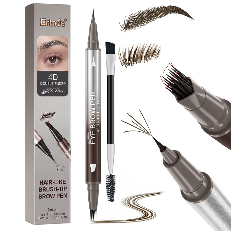 Erinde Lápiz Líquido para Cejas Doble Punta, Perfilado Preciso, 4