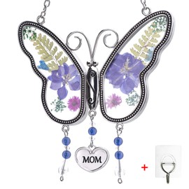 Laraine Butterfly Suncatcher with Pressed Flower Wings Mother's Day Butterfly Glass Wind Chime Ornament Charm with Metal Heart Gifts for Mom Grandma Birthday (Purple Mom (with Free Hook))