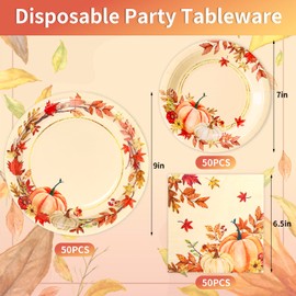 Whaline 150Pcs Fall Thanksgiving Paper Tableware Set Autumn Leaves Pumpkin Flower Wreath Disposable Plates and Napkins for Party Supplies