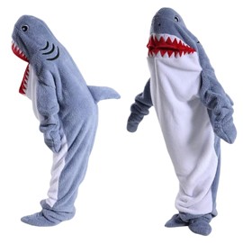 Unsex Adult Kid Shark Hoodie Wearable Blanket Onesie Costume Soft Cozy Flannel Animals Sleeping Bag Pajamas
