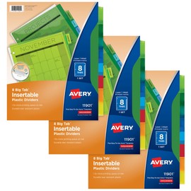 Avery Dividers for 3 Ring Binders, 8-Tab Plastic Binder Dividers, Insertable Big Tabs, Multicolor (3 Sets of 11901)