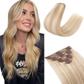 Elailite Clip in Hair Extensions Real Human Hair Double Weft Thick Remy Natural Hair Blonde - 8 Pieces Full Head Straight - #18/613 Ash Blonde Mix Bleach Blonde - 16 Inch (130 g)