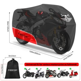 ROWYEET Motorcycle Cover Waterproof Outdoor Storage with Lock-Holes, Storage Bag & Night Reflective Design, Heavy Duty Protection Powersports Vehicle Covers Fits up to 96.5"-116" (420D Red, 104")