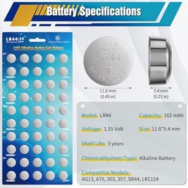 PGSONIC PGSONIC 50 Pack LR44 Batteries, 1.5 Volt Alkaline Button Cell Batteries with Long Lasting Power