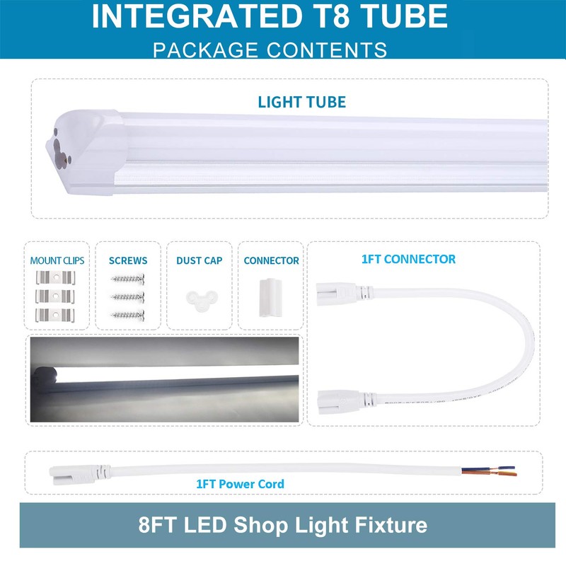 8FT LED Shop Light Fixture, 72W 6000K Frosted Cover, Fluorescent