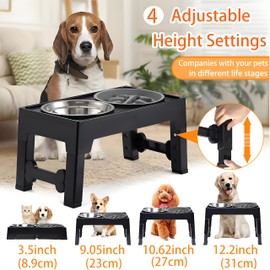 6-in-1 Elevated Dog Bowls, Slow Feeder Dog Bowl with Stainless Steel Food Bowl & Large No-Spill Water Bowl, Water Collection, 4 Heights Adjustable Raised Dog Bowls Stand Small Medium Large Dogs
