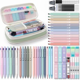 Four Candies 56 PCS Aesthetic School Supplies with Large Pencil Case, 6 Colored Ballpoint Pens, 12 Pastel Highlighters, 5 Black Ink Gel Pens, 9 Mechanical Pencils 0.5-2.0mm Student Essentials pastel  highlighters stuffer gift:_Green