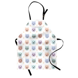 Ambesonne Cat Apron, Smiling Cat Muzzle and Paw Prints Pattern on Animal Themed Kitty, Small Apron Bib with Adjustable Ties for Baking Painting, Small Size, Multicolor