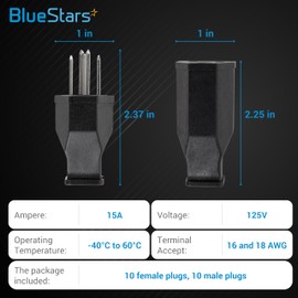 BlueStars Set of 10 (20 Pieces) Extension Cord Plugs 125V 15A 2 Pole 3 Wire with Male Plug and Female Connector Straight Blade Plug Grounding Type, NEMA 5-15P & 5-15R