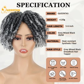 QUEENTAS Curly Toupee for Men and Women 10" Hair Pieces Dreadlock Hair 360°3D Cover Knotless Afro Braided Synthetic Hair Topper with 3 Clips(Grey Mixed Black 1B/60)