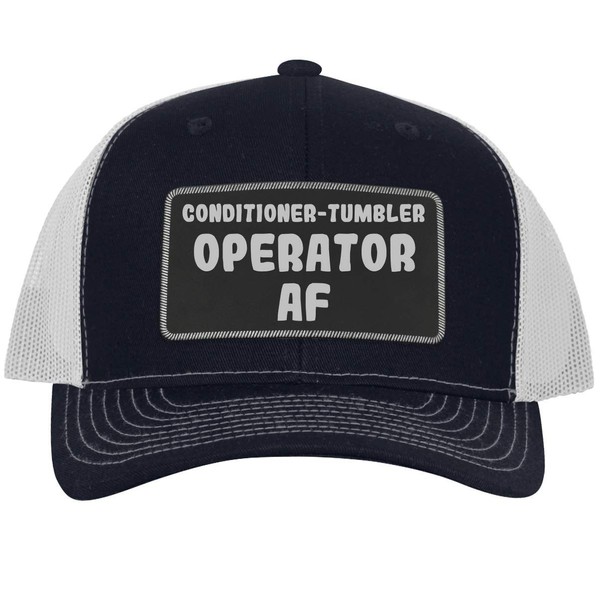 Conditioner-Tumbler Operator AF - Leather Black Patch Engraved Trucker Hat,