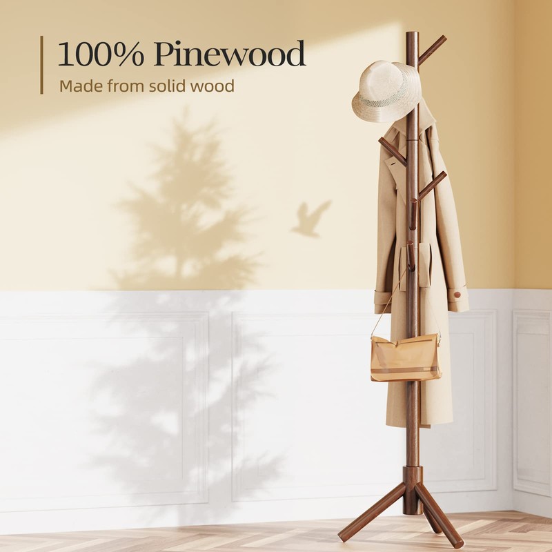 Pipishell Sturdy Wooden Coat Tree with 8 Hooks, 3 Adjustable