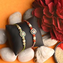 Set of 2 Rakhi for Brother Bhabhi Bhatija Bhaiya Bhai Raksha Bandhan gift Rakhi Thread Rakhi with Roli Chawal Gift Pack in small Brass Box (Red and Green)