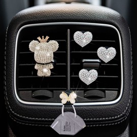 Heart & Bear 4 Pcs Bling Heart Air Vent Clips, Diamond Car Diffuser, Car Interior Decor + Cute Butterfly Mask Hook