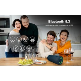 Fisher Bluetooth Wireless Portable Speaker 26W PEAK Power Boombox w HD Sound & Lights, IPX5 Water Resistant, Strap Handle, 7H Playtime, TWS Pairing, BT 5.3, Built-in Mic and Hands-Free Calling|Outdoor