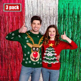 Christmas Foil Fringe Curtain -3 Pack of 3.2x8.2ft Red Silver Green Tinsel Fringe Backdrop Streamers for Christmas Ugly Sweater Party New Years Eve Party Supplies 2025 Photo Backdrop Party Decorations