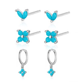 Seleneva 3 Pairs 925 Sterling Silver Stud Hoop Earrings Set for Women Girls Suitable Daily Use Earrings Stacks Dainty Small Stud Hoop Earrings Sets for Multiple Piercings (blue)