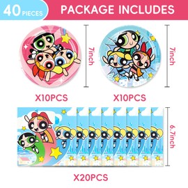 40Pack Power Girls birthday Party Supplies include 20 plates, 20 napkins for the Power Girls party decoration Power Girls Plates
