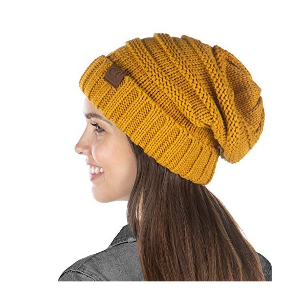 Women's Oversized Slouchy Chunky Knit Beanie Hat - Mustard