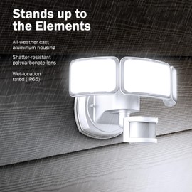 Feit Electric LED Security Light with Motion Sensor, Outdoor 46W Flood Light, Adjustable 3 Head, Wall Mount, 5000 Lumens, 5000k Daylight, Hardwired, White S10.5TFL/850/MOT/WH