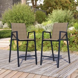Stabrech Outdoor Bar Stools Set of 2, 44'' Patio Bar Chairs with Textile High Back, Bar Height Chairs with Straight Armrest and Footrest, Mocha