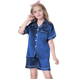 Schbbbta Conjunto de pijama de satén para niñas y mujeres, ropa de dormir de seda de 2 piezas, ropa de dormir abotonada para adolescentes, niños de 3 años, mujer, XXL, marino, S