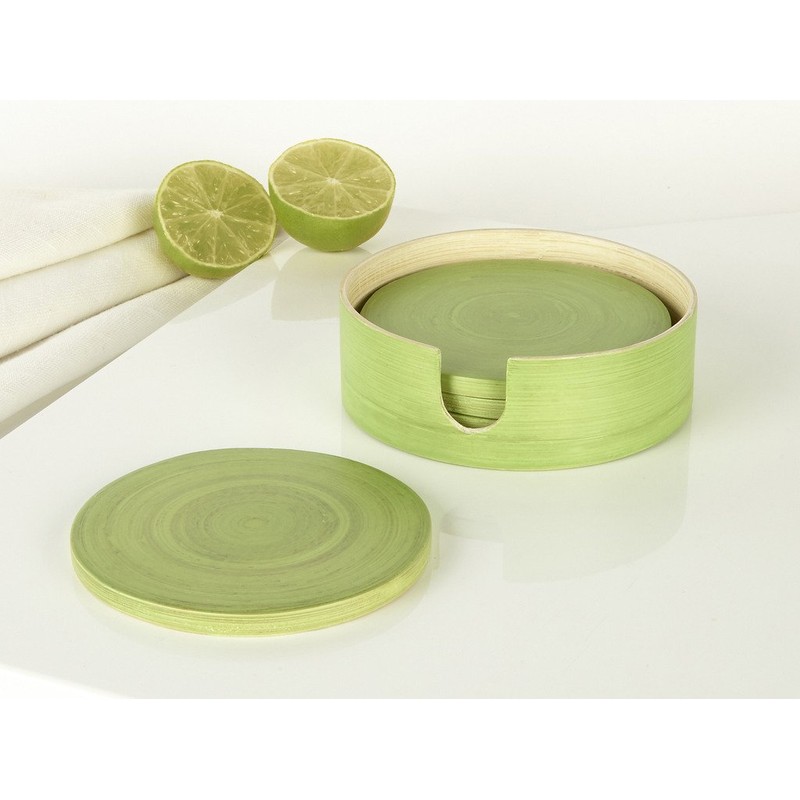 Randwyck Round Spun Bamboo Coasters in Holder, Green, 4-Piece