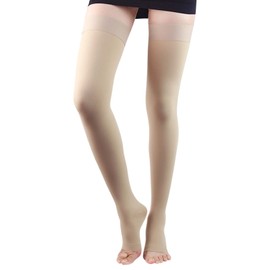 Lin Performance 20-30 mmHg Medical Compression Stockings for Women and Men Thigh High,Dot-Top,Open Toe Socks for Varicose Vein Swollen legs Travel Flight Pregnant(Beige,XL)