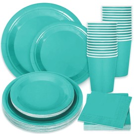 Whaline 100Pcs Teal Tableware Set Wedding Disposable Dinnerware 50Pcs Paper Plate 25Pcs Napkin 25Pcs Cup For Birthday Party Supplies Table Decor