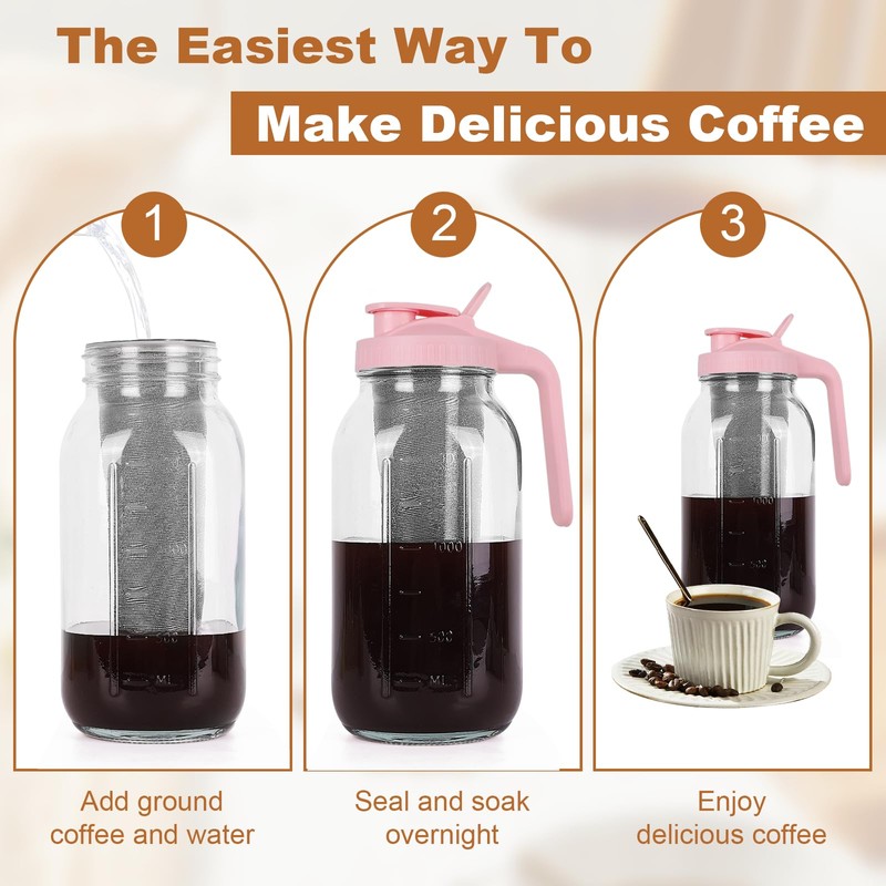 Cold Brew Coffee Maker，64 oz Wide Mouth Mason Jar Pitcher