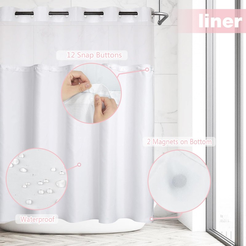 TYTYUU No Hook Shower Curtain Whith Snap in Liner Set,