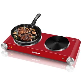 Cusimax Back to School Recommendations, Double Oven Electric Cooktop, 1800W Stainless Steel Countertop Cooking Oven, Heats Fast and Evenly, Easy to Clean, Great for Home Use - Color: Red