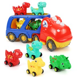 Weinsamkeit Dinosaur Truck Toy with Roar Sound, 5-in-1 T-Rex Car Transporter Dinosaur Toy from 3 4 5 Years, Dino Toy Cars Gifts for Children Toddlers Girls Boys (Red)