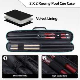 GOBUROS Pool Cue Case, 2 x 2 Pool Stick Case with 2 Shafts and 2 Butts Slots, Heavy Duty Billiard Cue Carrying Case for Pool Cue Accessories, Green