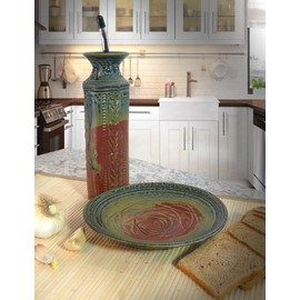 Modern Artisans American Made Stoneware Pottery Oil Cruet Bottle and Dipping Dish Set, Red Desert