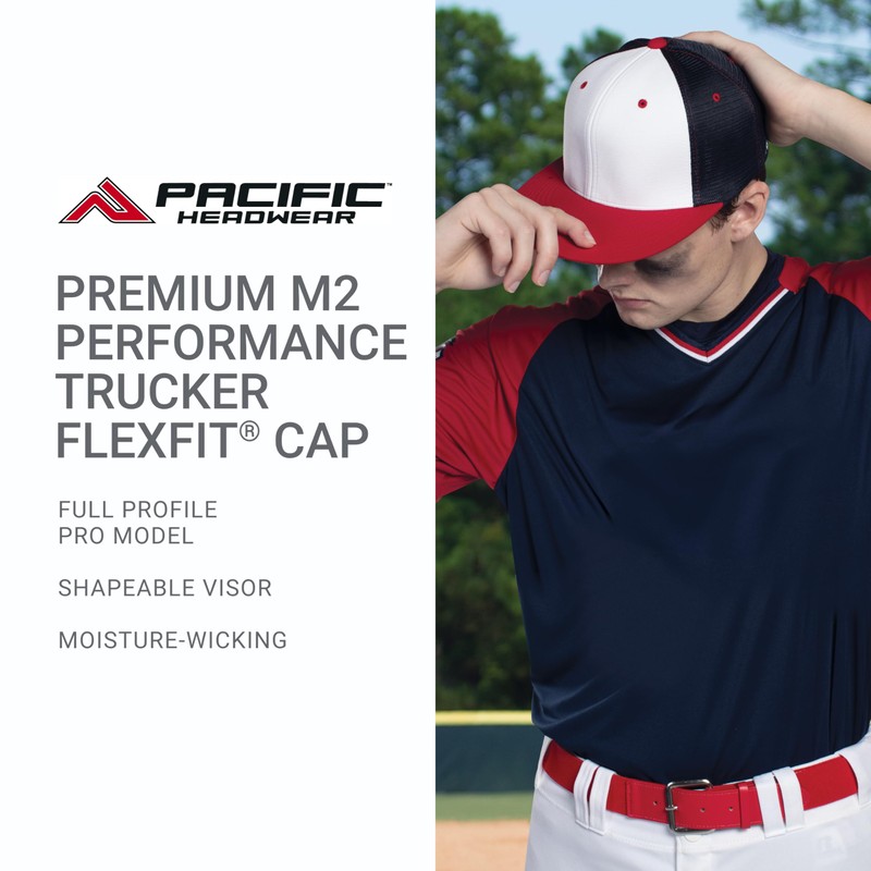 Pacific Headwear Standard Premium M2 Performance Trucker Flexfit Cap, White/Navy/Columbia