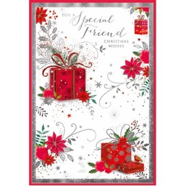 Special Friend Christmas Card - Gifts Flowers and Silver Foil 7.5x5.25"