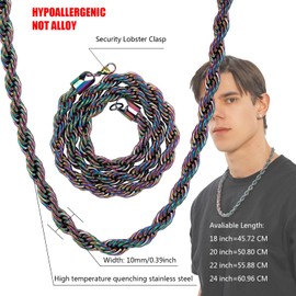 TOPGRILLZ 10MM Rope Chain Necklace Stainless Steel Colorful Twist Chain Necklace For Men Women-22inch