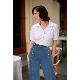 Belle Poque Stretchy Waist Wide Leg Jean for Women Dressy Blue Button Down Work Casual Denim Pants Size 12 Size 14