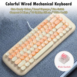 Lomiluskr Cute Colorful Wired Mechanical Keyboard for Girls and Kids, Round Keycaps, Compact 84 Keys, 10 Lighting Effects White Backlit, Pink Switch (Milk Tea)