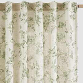 Jinchan - Cortinas de lino floral para sala de estar de 63 pulgadas de largo, cortina impresa con filtro de luz verde salvia, cortina de campo francés, cortinas estampadas para recámara, bolsillo