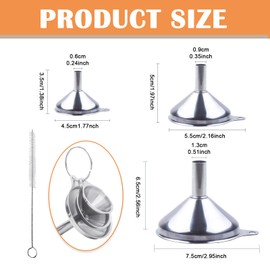 Jotia 4Pcs Stainless Steel Kitchen Funnel Set with Brush, 3 Sizes Metal Funnel Food-Grade Cooking Funnels for Kitchen Use Filling Bottles Transferring Liquid (4.5/5.5/7.5cm)