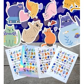 Stickers Pack (Over 150 Stickers) Adorable Colourful Illustrations of Cute and Colourful Cats Vintage Styled Small Vinyl Stickers White Hologram Transparent