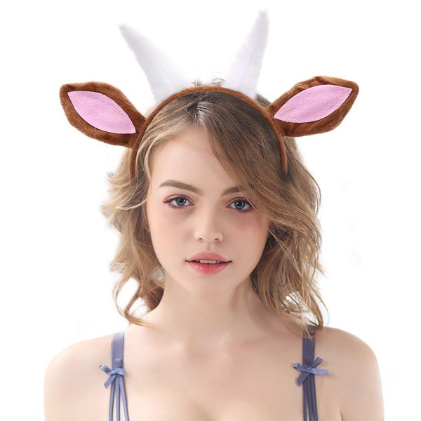 Plush Goat Ears and Horns Headband-Halloween Christmas Festival Theme Party Animal Cosplay Costume Headbands