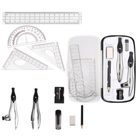 MHwan Maths Set, 10 Pcs Protractor Geometry Sets, Metal Compass Maths with Eraser Ruler, Protractor and Compass Set, Maths Sets for Secondary School, Suitable for School and Home Education (Black)